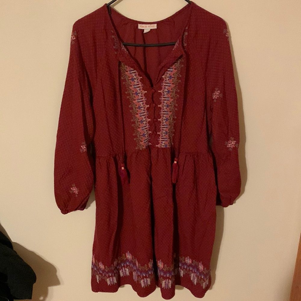 Knox Rose Women's Red Embroidered Boho Long Sleeve Midi Dress Size L
